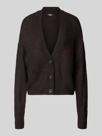 Produktfoto, donkerbruin gebreid jack met v-hals, grove structuur, boxy fit, model 'CAROL' van ONLY, Dames