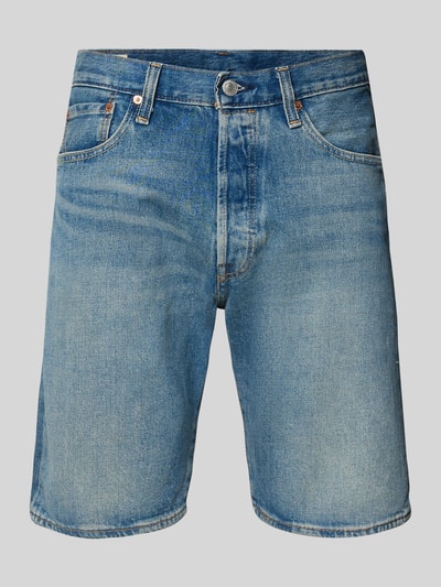 Produktfoto, Bermudas im 5-Pocket-Design Modell '501®' von Levi's®, Herren Bermudas aus Baumwoll-Mix mit Stretch-Anteil, Gerader Schnitt, blaue Waschung, sichtbarer Knopf- und Reißverschluss, Bundweite 41 cm, Innenbeinlänge 24 cm.