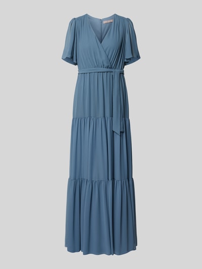 Produktfoto, Abendkleid mit V-Ausschnitt und Bindegürtel von Christian Berg Cocktail aus blauem Chiffon, A-Linie, Maxikleid, Stufen-Look