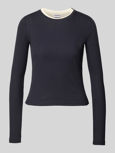 Productfoto, Longsleeve met ronde hals van Jake*s Casual, slim fit, ruglengte maat S: 51 cm, donkerblauwe kleur, gladde structuur