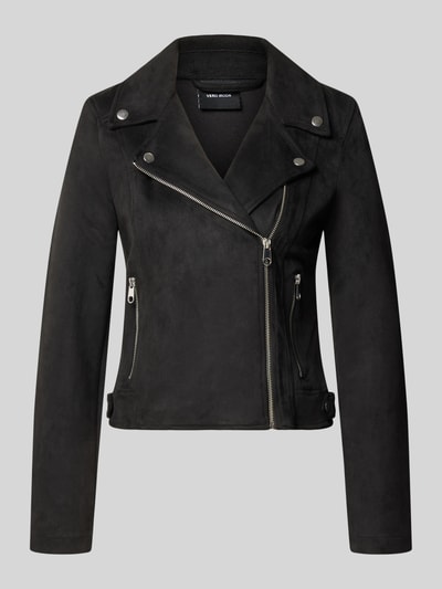Productfoto, zwarte regular fit kunstleerjack met riemen aan de romp model 'JOSE' van VERO MODA, dames leer- / kunstleerjacke