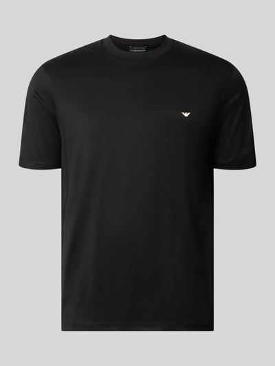 Produktfoto, T-Shirt aus Lyocell-Mix mit Label-Stitching von Emporio Armani in Schwarz, schlichte Optik, kurze Ärmel, glatte Textur, taillierte Passform, Rundhalsausschnitt