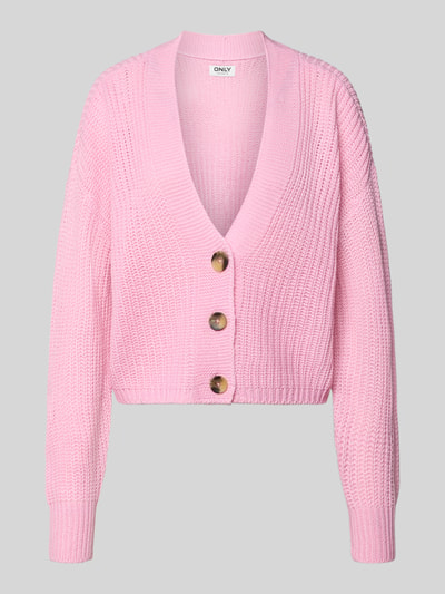 Produktfoto, Regular Fit Strickjacke mit einreihiger Knopfleiste Modell 'CAROL NICE' von Only in Rosa, unifarbene Strickoptik, cropped, tiefer V-Ausschnitt, lange Ärmel, gerippte Abschlüsse, Label Stitching.