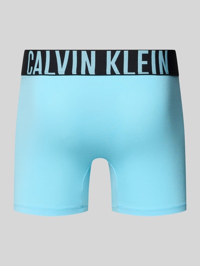 Männermodel trägt Boxer Briefs im 3er-Pack mit elastischem Logo-Bund von Calvin Klein Underwear, Hellblau, Baumwoll-Mix, Ganzkörperansicht Rückansicht.