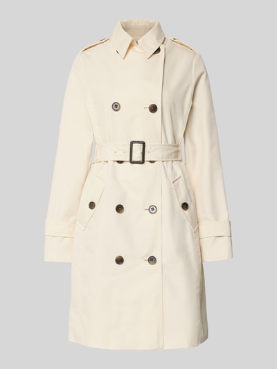 Produktfoto, Regular Fit Trenchcoat aus Baumwoll-Mix von s.Oliver RED LABEL, jednolity kolor, krój regular fit, wykładany kołnierz, listwa guzikowa 2-rzędowa, aplikacja z metką, szlufki na pasek, klapy na ramionach, pas na plecach, długi rękaw, kieszenie z patką, wykończenie materiału: mieszanka bawełny