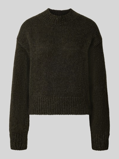 Produktfoto, Relaxed Fit Strickpullover aus Lanawoll-Mix von Marc Cain in Dunkelbraun, gerippte Abschlüsse, langärmlig, rundhals, Damen Strickpullover, strukturierte Oberfläche