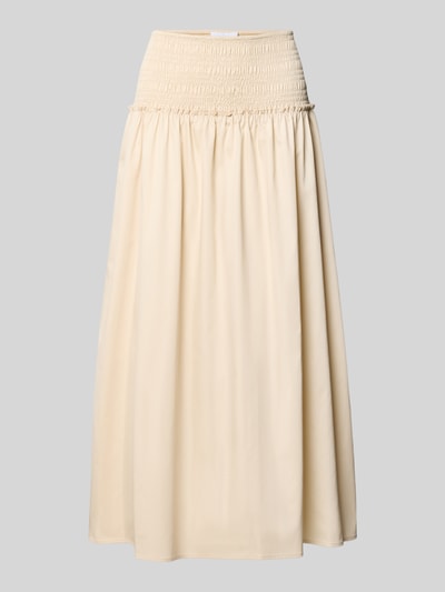 Produktfoto, Midirock mit Smok-Detail von Comma aus elastischem Baumwoll-Mix in A-Linie, beige, elastischer Bund, glatte Textur.
