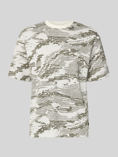 Produktfoto, Regular Fit T-Shirt aus reiner Baumwolle Modell 'TE_WILDNATURE' von BOSS Orange mit abstraktem Allover-Muster in Beige und Grau, feinstrick, Rundhals, kurzarm, Label Patch.