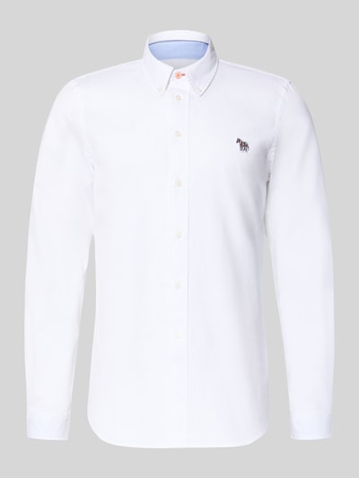Produktfoto, weißes Tailored Fit Freizeithemd mit Button-Down-Kragen von PAUL SMITH aus reiner Baumwolle, Stickerei und glatter Textur.