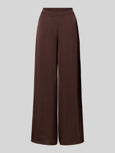 Produktfoto, braune Wide Fit Stoffhose aus Satin von VM by Vera Mont, teilelastischer Bund, Bundfalten, glatte Oberfläche, neutraler Hintergrund