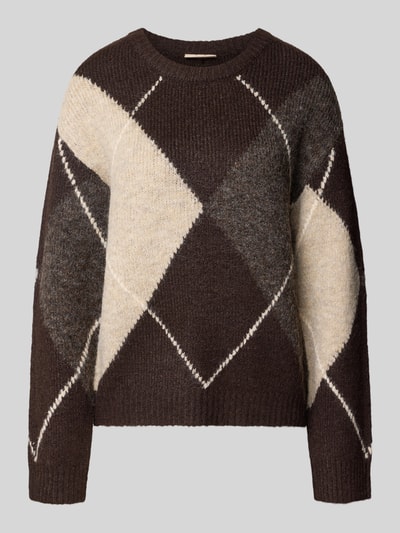 Produktfoto, Relaxed Fit Strickpullover aus elastischem Woll-Mix Modell 'lulu' von FREE/QUENT, kremowo-beżowo-brązowa kratka, elastyczne wykończenia, długość pleców w rozmiarze S: 56 cm, długość rękawa w rozmiarze S: 73 cm