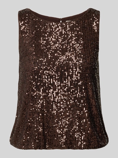 Produktfoto, Regular Fit Top mit Allover-Pailettenbesatz von Vera Mont aus Elastischer-Material-Mix in Braun und glänzender Textur, Rundhalsausschnitt, Rückenlänge 47 cm bei Größe 36.