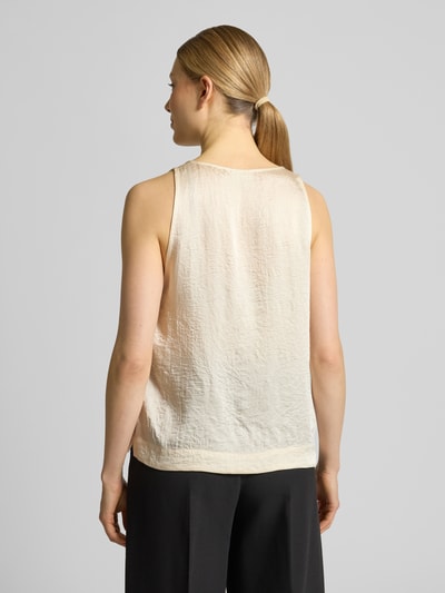 Frauenmodel trägt Blusenshirt mit floraler Applikation von Marella aus Satin in Regular-Fit, Rundhalsausschnitt, Rückenlänge 56 cm, Größe 36, Ganzkörperansicht Rückansicht.