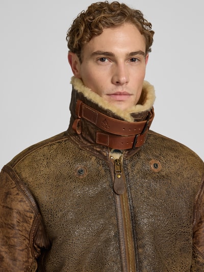 Männermodel trägt Regular fit leren jas met kraag van lamsvacht model 'ICELANDIC' van Polo Ralph Lauren, Heren, Nahaufnahme Oberkörper
