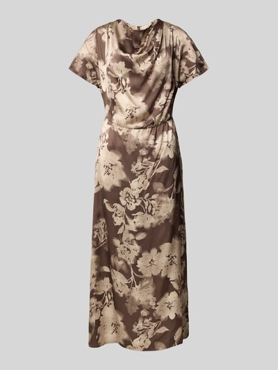 Productfoto, Midikleid aus Viskose mit Wasserfall-Ausschnitt van Jake*s Collection, bruine A-lijn jurk met all-over bloemenpatroon, pure viscose, ruglengte 129 cm, borstwijdte 40 cm, mouwlengte 16 cm.