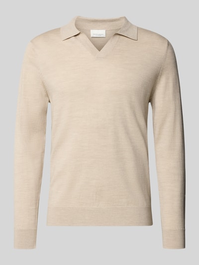 Produktfoto, Strickpullover mit Polokragen und V-Ausschnitt von Profuomo in Beige, aus reiner Baumwolle, Slim Fit, glatte Struktur