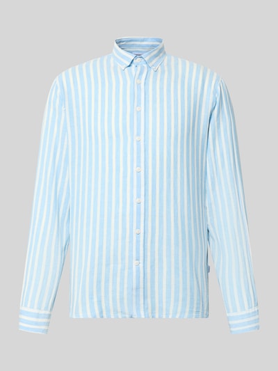 Produktfoto, Relaxed Fit Freizeithemd mit Button-Down-Kragen von Lindbergh im Leinen-Baumwoll-Mix, vertikale blau-weiße Streifen, Knopfleiste, Sportmanschetten, Rückenlänge 64 cm, Schulterbreite 41 cm, Ärmellänge 64 cm.