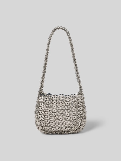 Produktfoto, Crossbody Bag in metallic von Rabanne mit Gliederketten-Optik, offenes Fach, Label-Detail, silbrige Oberfläche, 20x14x3 cm