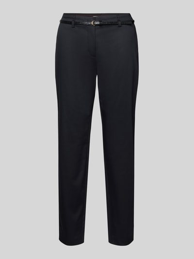 Produktfoto, Slim Fit stoffen broek met viscose van Christian Berg Woman, steekzakken, achterzakken, smalle riem met slangenmotief, haakjes- en ritssluiting, mix van viscose en katoen, effen zwart, gladde textuur