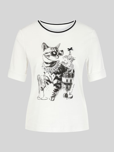 Marc Cain T-Shirt mit Cat-Print und Strasssteinen Offwhite 2
