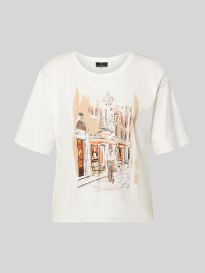 Produktfoto, T-Shirt mit Motiv-Print und Strasssteinbesatz von monari aus reiner Baumwolle, lockerer Schnitt, Rundhalsausschnitt, weiße Farbe.