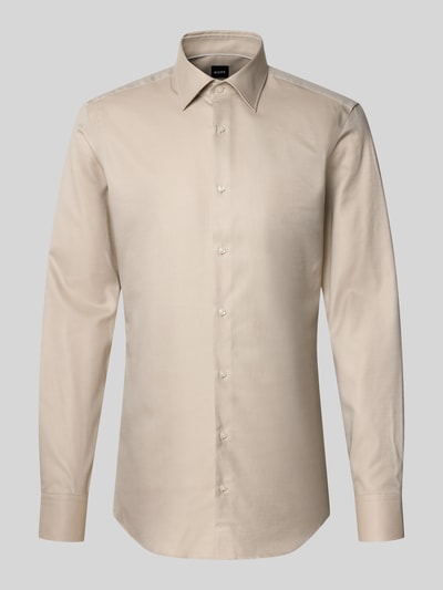 Produktfoto, Slim Fit Businesshemd mit extra langem Arm Modell 'HANK' von BOSS in Beige, unifarben, Kentkragen, reine Baumwolle, strukturierte Oberfläche