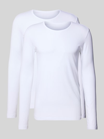 Produktfoto, Longsleeve mit geripptem Rundhalsausschnitt von Schiesser aus Baumwoll-Elasthan-Mix, Slim Fit, weiß, glatte Oberfläche.