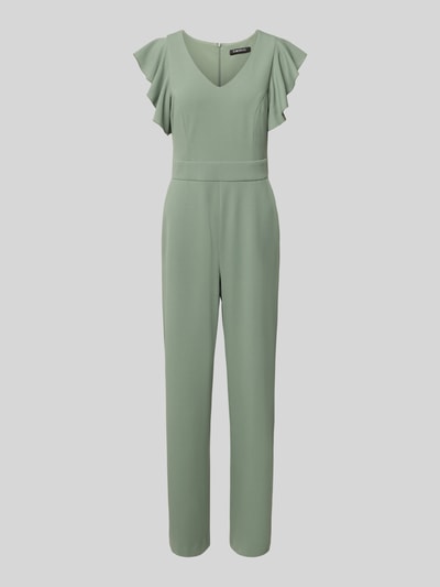 Produktfoto, Regular Fit Jumpsuit mit Rüschenbesatz von Swing in hellem Grün, ärmellos, V-Ausschnitt, elastischer Stoff, taillierte Passform