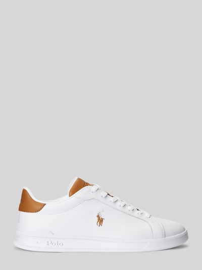 Produktfoto, Low Top Sneaker aus Glattleder von Polo Ralph Lauren, weiß-braun, Two Tone Optik, flache Sohle, Logo-Stitching, strukturierte Oberfläche
