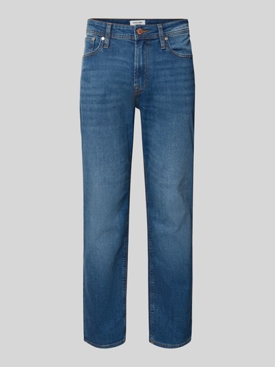 Produktfoto, Straight Fit Jeans im 5-Pocket-Design Modell 'Clark' von Jack & Jones, mieszanka bawełny, krój straight fit, 5 kieszeni, zapięcie na guzik i zamek błyskawiczny, szerokość w rozmiarze 32/32: 44 cm, długość wewnętrzna nogawki: 74 cm, denim w odcieniach niebieskiego, gładka faktura