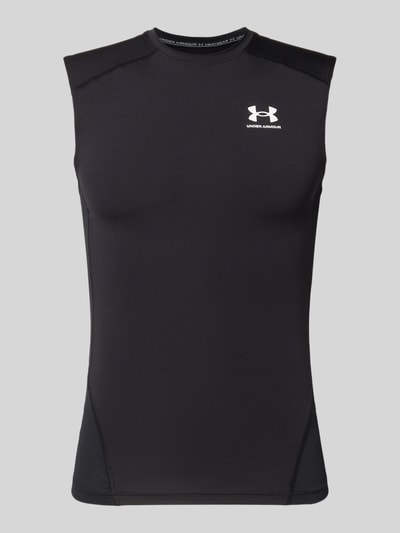 Produktfoto, Slim Fit Top mit Logo-Print von Under Armour, elastyczna mieszanka materiałów, krój slim fit, okrągły dekolt, długość tyłu w rozmiarze M 65 cm, czarny kolor, gładka struktura