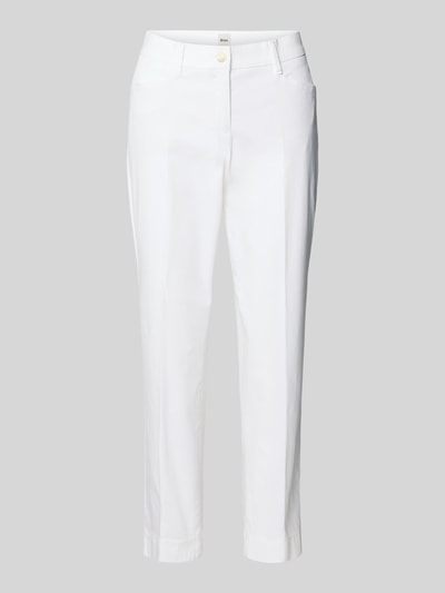 Produktfoto, Straight Fit Stoffhose mit Lyocell-Anteil Modell 'Mara' von BRAX in Weiß mit Bügelfalten, verkürzter Passform, Eingriff- und Gesäßtaschen, elastischer Baumwoll-Lyocell-Mix, Knopf- und Reißverschluss, neutrale glatte Textur, Kontext Damen Stoffhose Größe 36