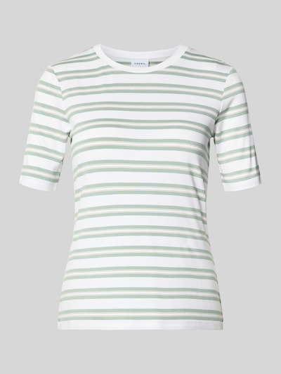 Produktfoto, T-Shirt mit Rundhalsausschnitt von Comma, Viskose-Mix mit Stretch-Anteil, halbärmelig, körpernaher Fit, weiße und grüne Streifen.