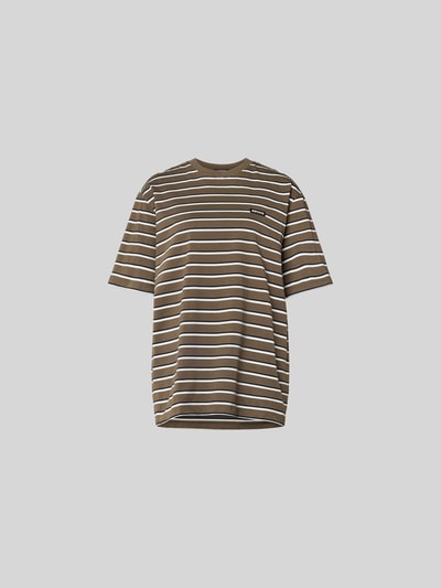 Produktfoto, Oversized T-Shirt mit Logo-Patch von ROTATE, Damen T-Shirt aus reiner Baumwolle im Oversized-Fit mit Rundhalsausschnitt, Kurzärmeliges Design, Rückenlänge bei Größe S 70 cm, gestreiftes Muster in Braun und Weiß, glatte und weiche Textur