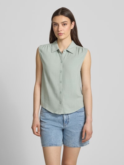 Frauenmodel trägt Regular Fit Leinenbluse ohne Ärmel Modell 'SIESTA' von Only in Melange-Optik, Viskose-Leinen-Mix, Ganzkörperansicht von vorne.