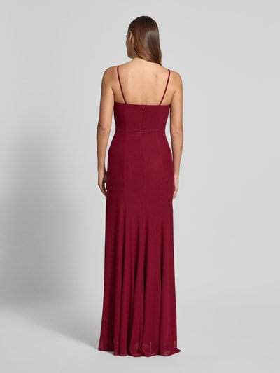 Vrouwenmodel draagt Abendkleid met V-hals en Ruchedetail van TROYDEN COLLECTION, Maxi-jurk, Spaghettibandjes, rugrits, Ganzkörperansicht Rückansicht
