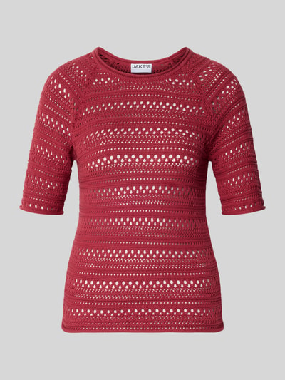 Produktfoto, rotes Strickshirt mit Rundhalsausschnitt von Jake*s Casual aus reiner Baumwolle, Regular Fit, Rollsaum, strukturierte Textur