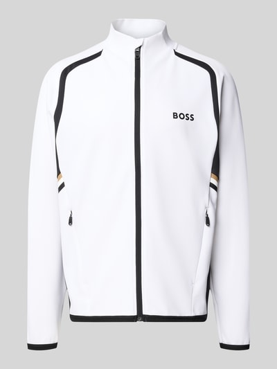 Produktfoto, Regular Fit Trainingsjacke mit Kontrastdetails von BOSS Green, Mehrfarbig, Regular-Fit, Reißverschluss, Label-Print, Stehkragen, Langarm, elastischer Rumpfabschluss und Ärmelabschluss, seitliche Reißverschlusstaschen, Kontraststreifen