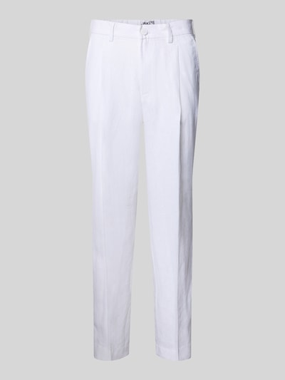 Produktfoto, Straight Fit Leinenhose mit Bügelfalten von JAKE*S STUDIO MEN aus reiner Leinen, Weiß, mit Eingrifftaschen, Gesäßtaschen und teilelastischem Bund, Knopf- und Reißverschluss, Bundweite 42 cm, Innenbeinlänge 75 cm, glatte Textur