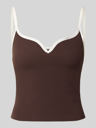 Produktfoto, Trägertop mit Kontraststreifen Modell 'Sense Contour' von aim'n, brauner Stretchstoff, V-Ausschnitt, weiße Spaghettiträger, körpernah