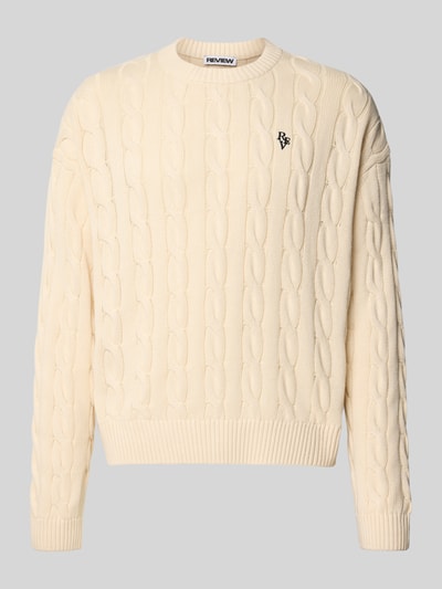 REVIEW Sweter z dzianiny ze ściegiem warkoczowym i wyhaftowanym logo Écru 2