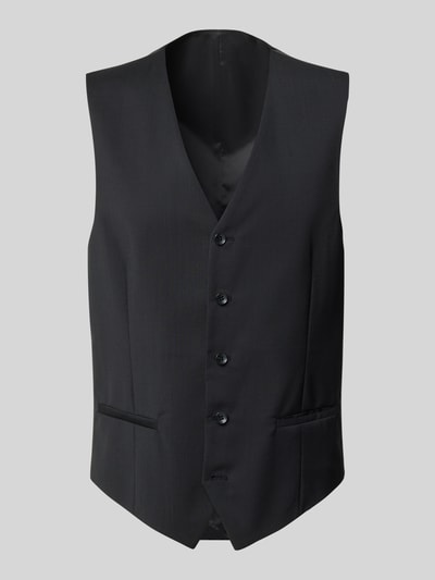 Produktfoto, schwarze Herren Weste mit V-Ausschnitt, Knopfleiste und Paspeltaschen aus Reine Schurwolle, Slim-Fit, Rückenlänge 62 cm, Modell 'Tobias' von Carl Gross