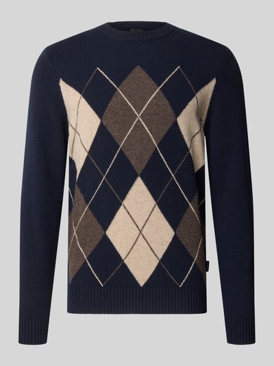 Produktfoto, Regular Fit Strickpullover aus Woll-Mix mit Karo-Muster von bugatti in Dunkelblau und Braun, elastische Abschlüsse, Karo-Design