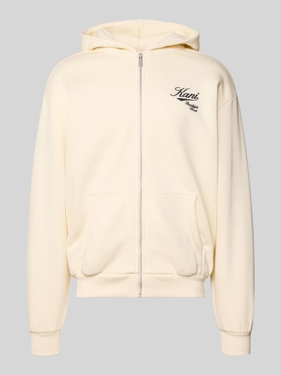 Produktfoto, Oversized Sweatjacke mit Logo-Stitching von KARL KANI aus Baumwoll-Mix in Creme mit Kapuze, Kängurutasche und Reißverschluss