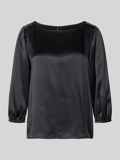 Produktfoto, Blusenshirt aus Seide mit 3/4-Arm von Marc Cain, Reine Seide, Regular-Fit, Rundhalsausschnitt, schwarze glatte Oberfläche, Rückenlänge bei Größe 36: 60 cm, Ärmellänge bei Größe 36: 49 cm.
