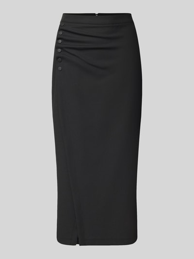 Produktfoto, Midirock mit Viskose-Anteil von Armani in Schwarz, figurbetonte Passform, Zierknopfleiste am Bund, Wickel-Optik, Damenmode.