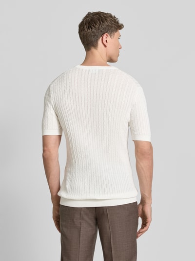 Männermodel trägt Regular Fit T-Shirt aus reiner Baumwolle Modell 'ADRIAN-TC' von Strellson, Strickoptik, Zopfmuster, Rückansicht.
