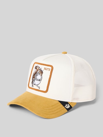 Produktfoto, gelb-weiße größenverstellbare Trucker Cap Modell 'Suede Squirrel' von GOORIN BROS., Material-Mix, verstärkter Schirm, Stitching
