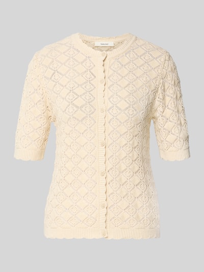Produktfoto, Regular Fit Strickjacke aus reiner Baumwolle Modell 'SOFIA' von Selected Femme, Optik: Unifarben, Ajour-Strick, Muschel-Crew Neck, halblange Ärmel, Knopfleiste, feine Struktur, naturfarbener Ton