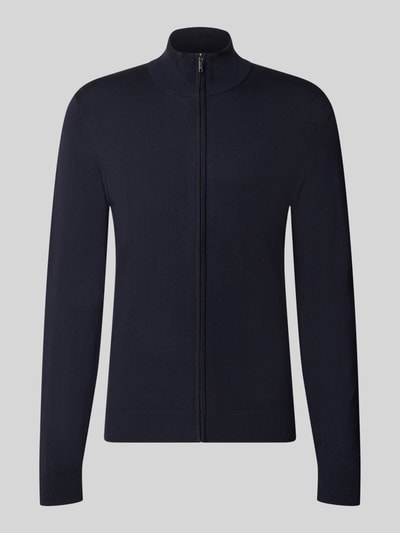Produktfoto, Slim Fit Strickjacke aus Viskose-Mix mit Stehkragen von MCNEAL in Dunkelblau, glatte Oberfläche, elastische Abschlüsse, Vorderansicht.